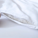 A close-up of the Linenly Luxe Cotton Sateen Quilt Cover in white, showing a partially open zipper and its soft, fluffy inner layer.